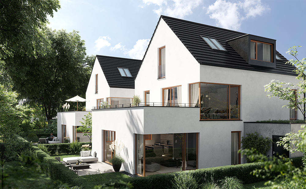 Außenperspektive von Zweifamilienhäusern in München (Rendering)